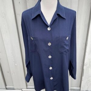 RODIER Navy Silk-Like Shirt With Chest Pockets And Natural Shell Buttons Sz. L
